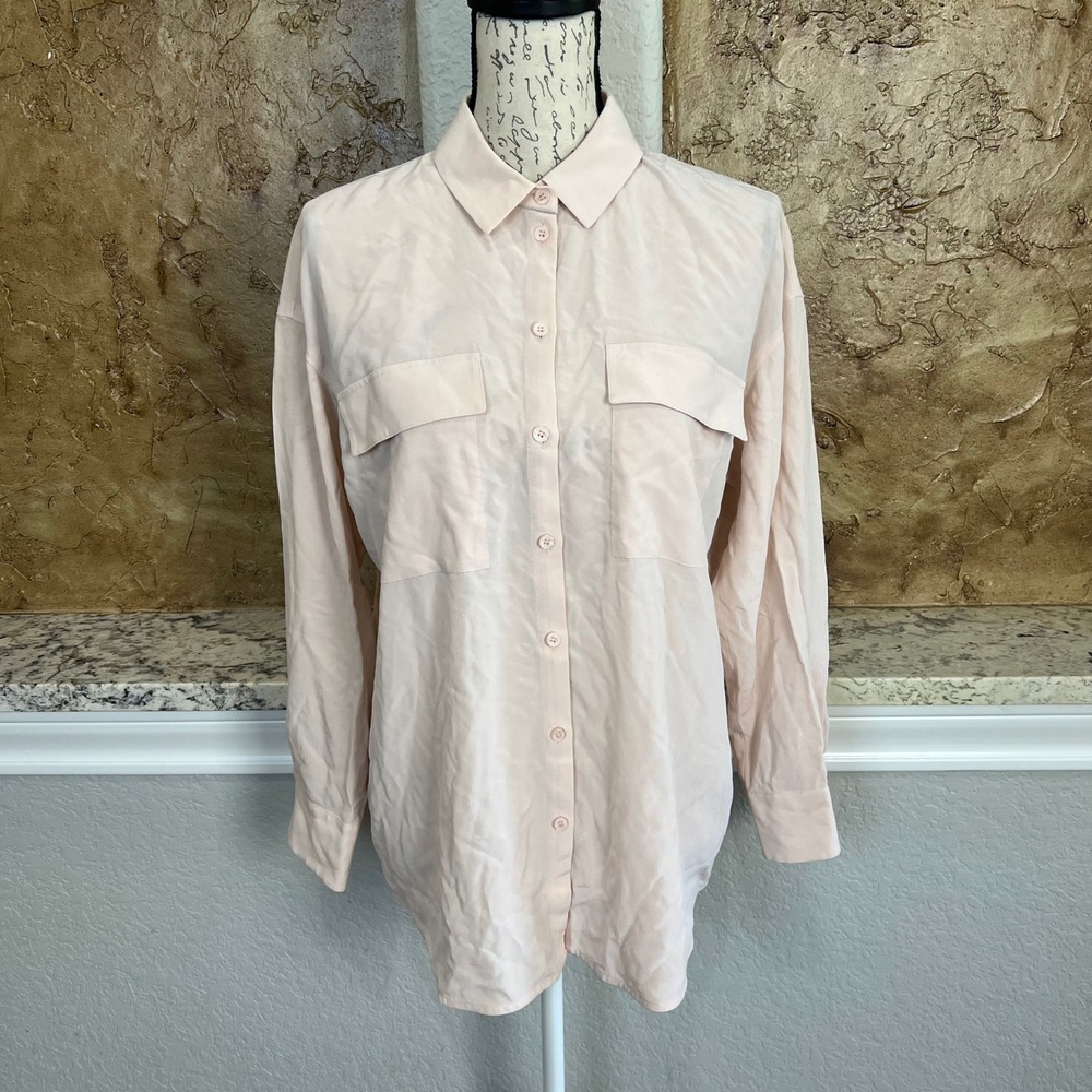 Lafayette 148 Silk Button Front Shirt Women Small Pink Long Sleeve Pocket Luxury - Picture 1 of 12